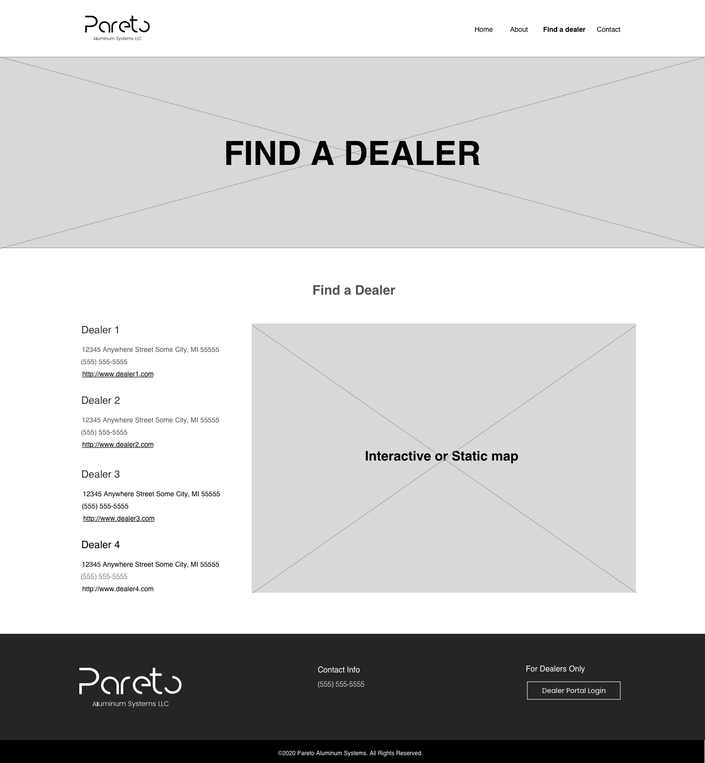 A desktop wireframe of Pareto's find a dealer page, which includes dealership info in various parts of the US and a map image placeholder.