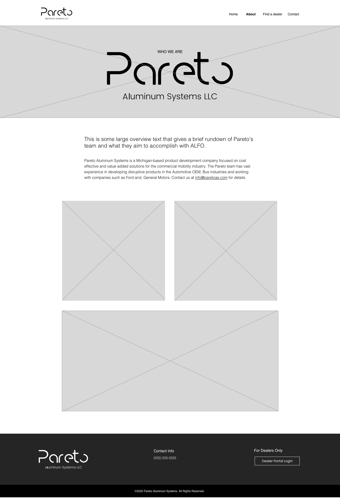 Pareto about page wireframe on desktop. This includes placeholder text about the company and image placeholders.